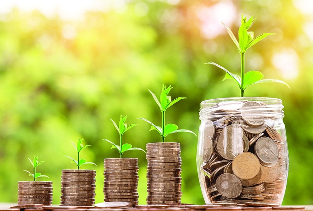 Myntstaplar med växande plantor som symboliserar hållbar finansiering och grön tillväxt genom ansvarsfulla affärsmetoder.